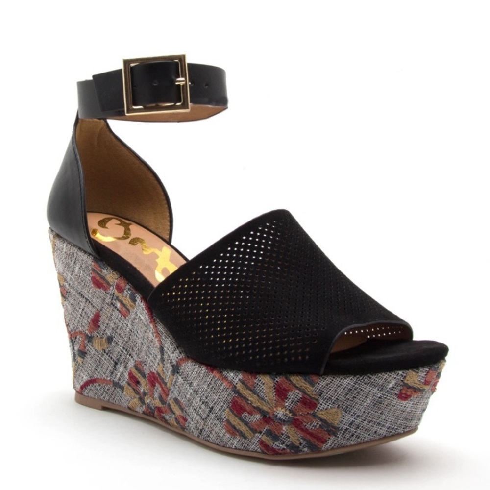 Black Floral Wedge Sandals